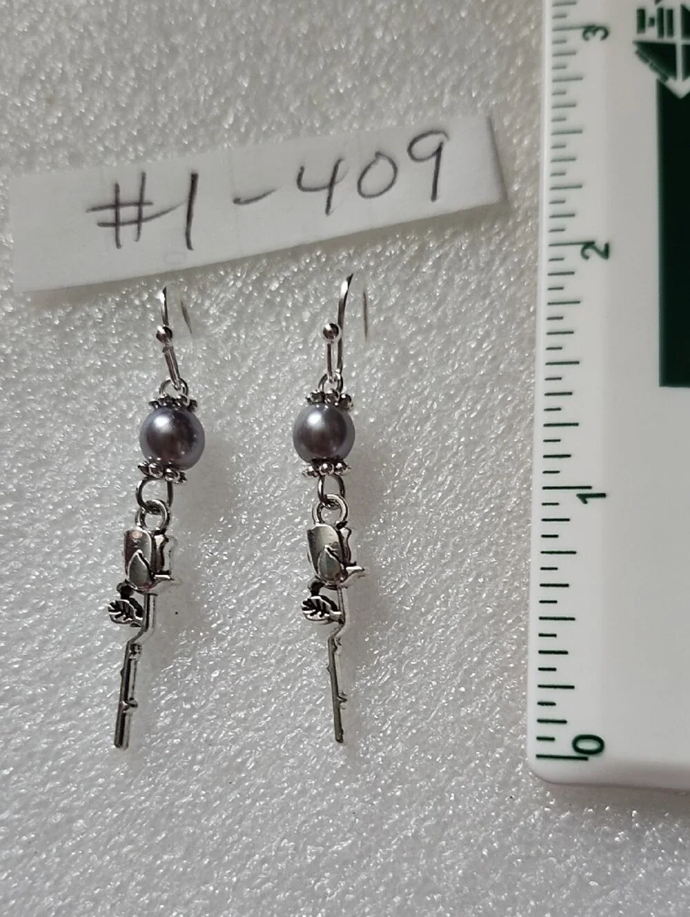 Hand Crafted Silver Rose Dangle Earrings with Gray Pearls